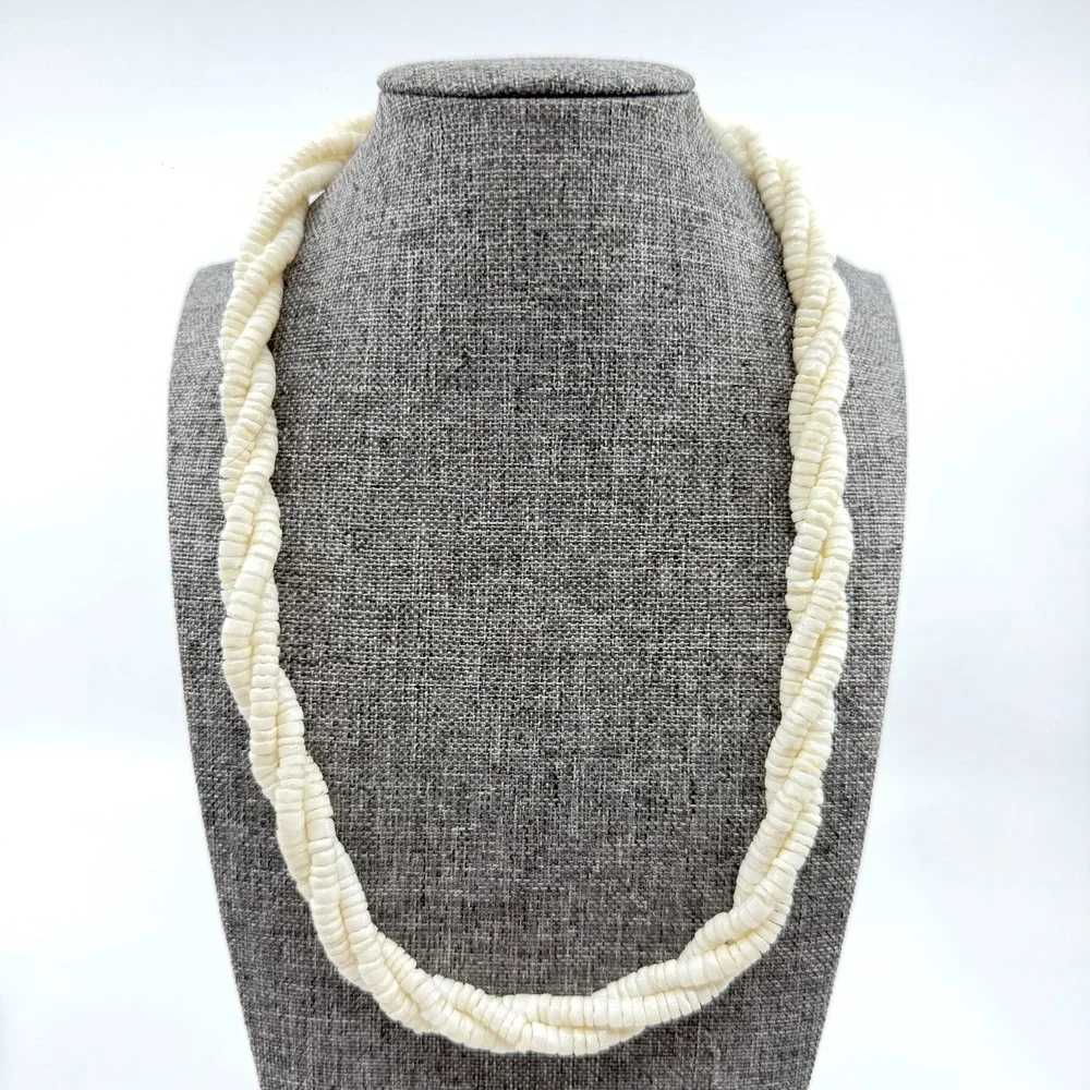White Puka Shell Heishi Bead Necklace Triple Strand Twisted Boho Coastal Beach